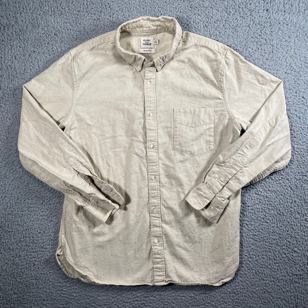Flint and Tinder Mens XL Slim Fit Speckled Neps Button Down Shirt Cream Flannel